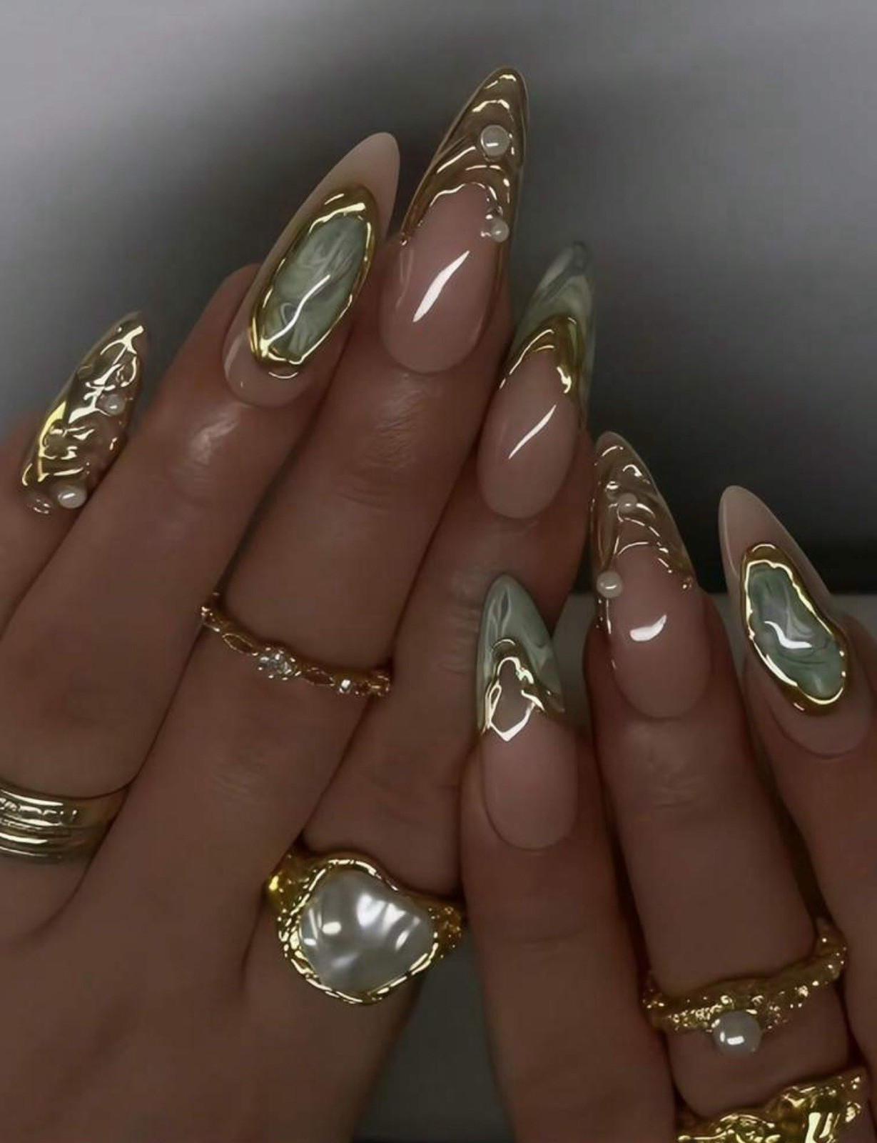 Reusable Long Almond Acrylic Press-On Nails Nude Green Gold 3D Marble