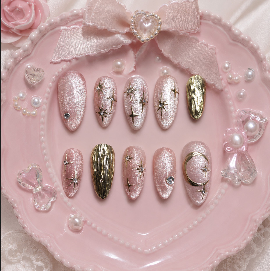 24Pcs Middle Length French Press On Nails 3D Pearl Almond