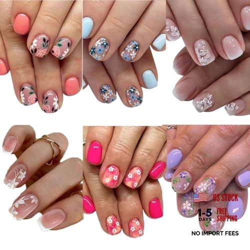 144 Pcs Flower Press on Nails – Short Square Fake Nails – Spring False Style-2