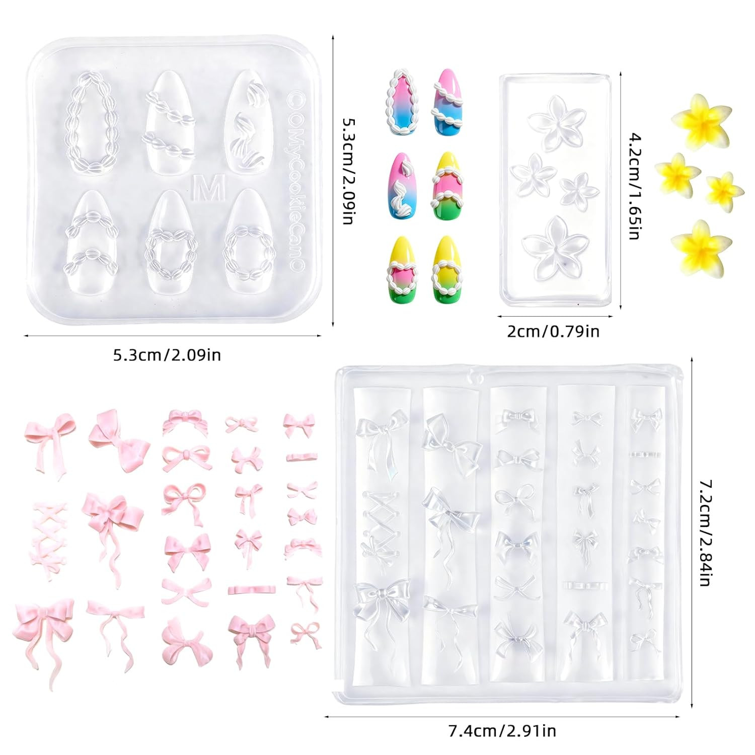 3Pcs Silicone Nail Art Molds Bow Cream Chain 3D Flower Charms Design Nail Silico