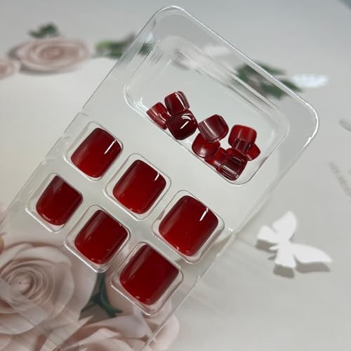 Wine Red Press On Toenails Glossy Solid Color Short Square Fake Toe Nails Red2