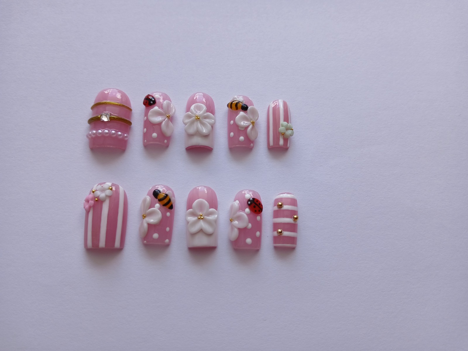 Handmade Press on Nails, Ladybug, Bee,Flowers,Made to order “Pick “.