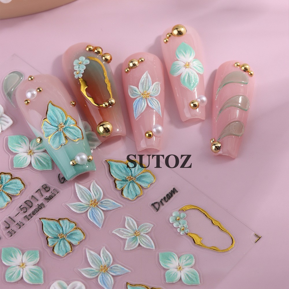 3D Daisy Bee Flower Embossed Lily Hibiscus Floral Nail Art Stickers Decor NH29