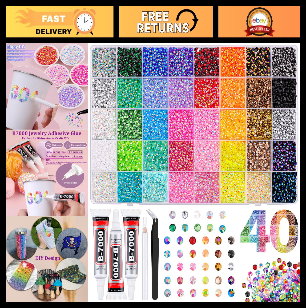 50000 Pcs Multicolor Jelly Rhinestones, 3mm Flatback Gems & B7000 Glue Kit for C