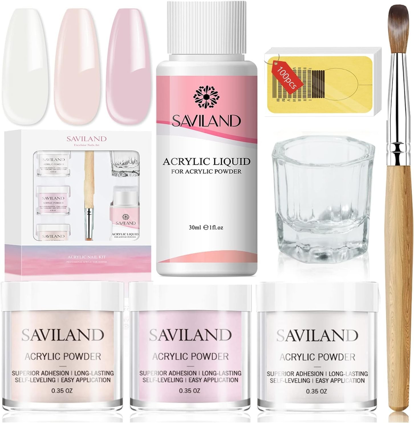 Acrylic Nail Kit with Powder, Liquid & Brush Set, 3 Colors Pink Nude Clear