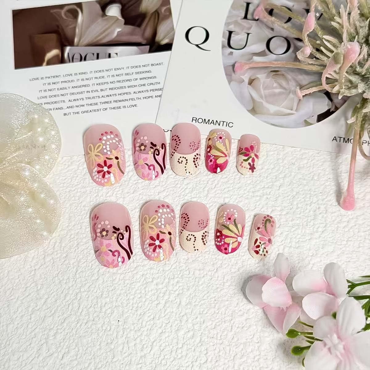 24Pcs French Tip Press on Nails Medium Almond Floral Fake Nails Colorful Flow…
