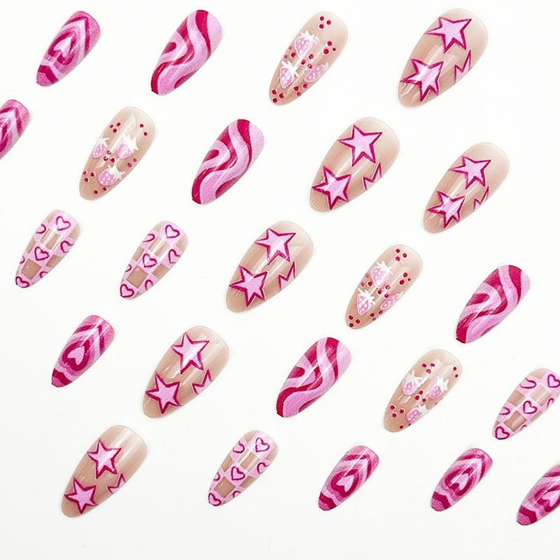 48PCS Short Almond Nail Removable Reusable Pink Fake Nail Art