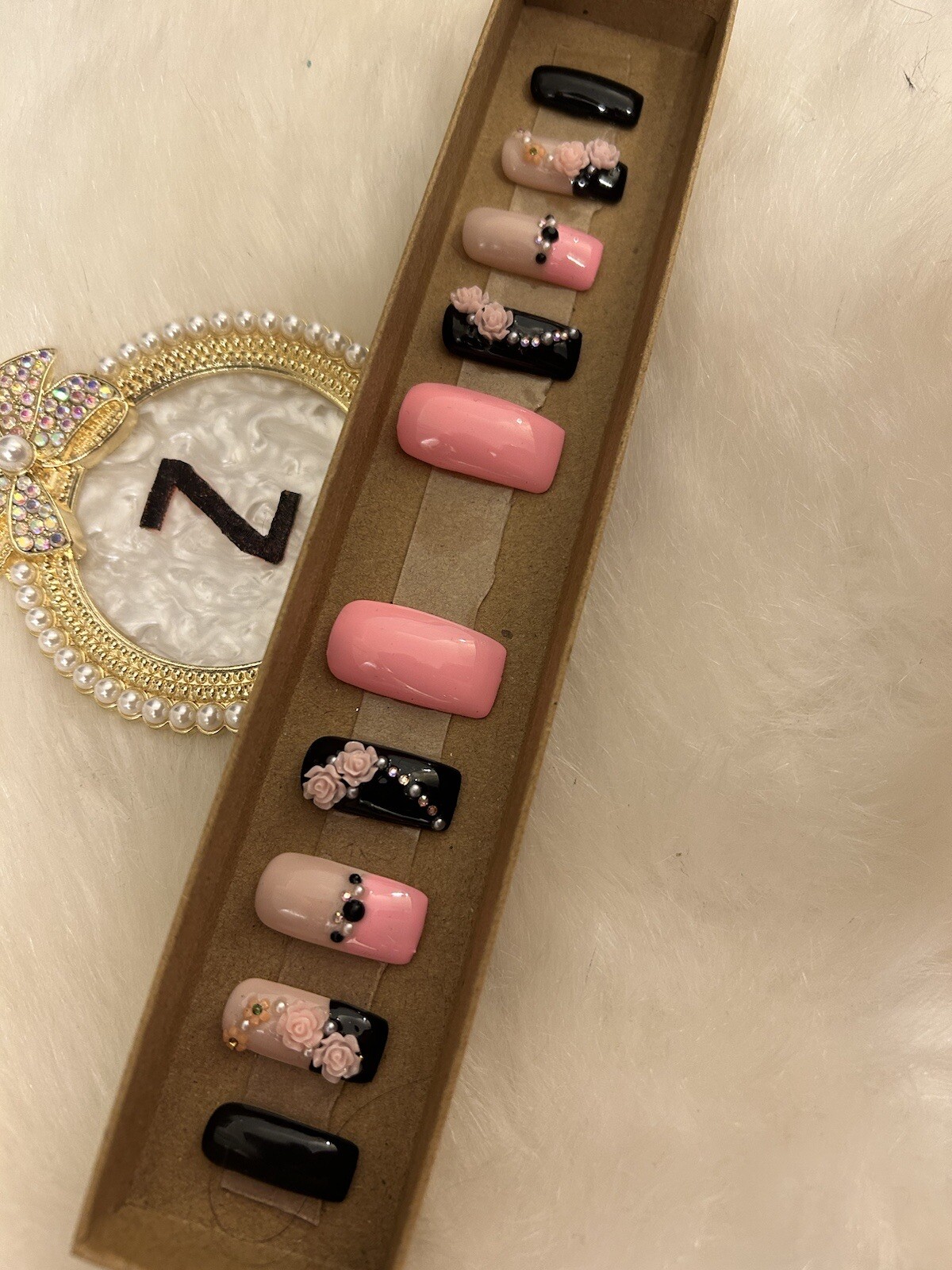 Z NAILZ! Gorgeous Set Of Black/Pink/Beige Handmade Long Square Press On Nails