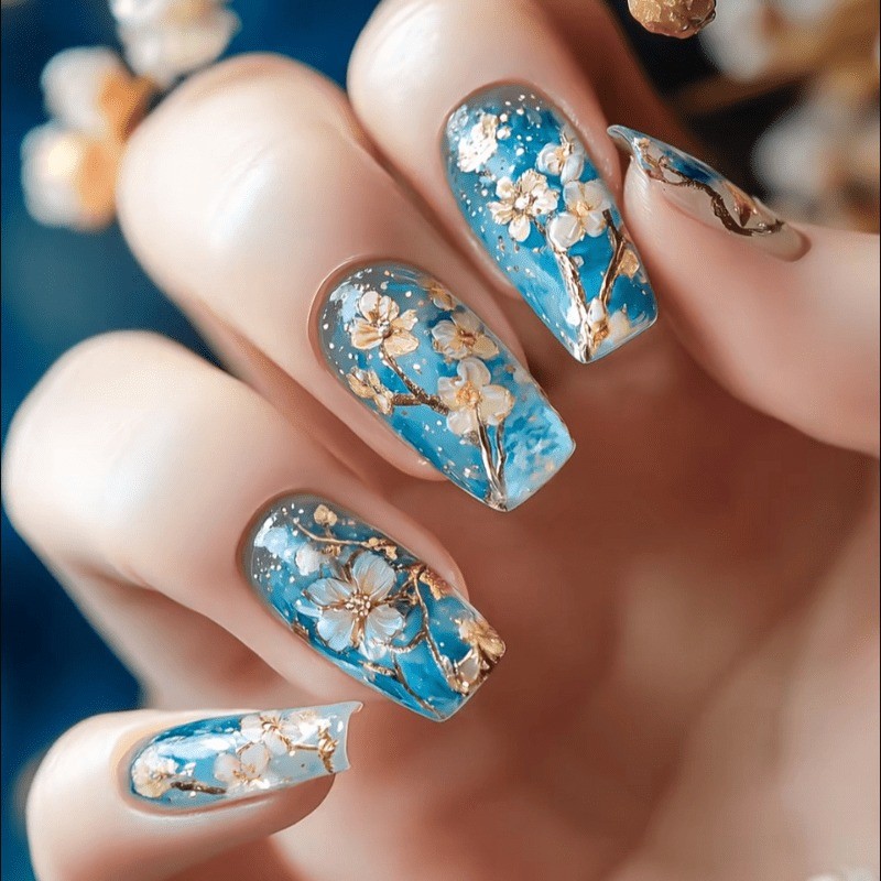 48 Pieces of Blue Glazed Gold-plated Plum Blossom Fake Nails, Removable Nail Art