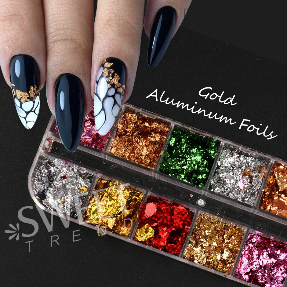 12Grids Holographic Gold Foils Nail Flakes Splendor Leaf Craft Irregular