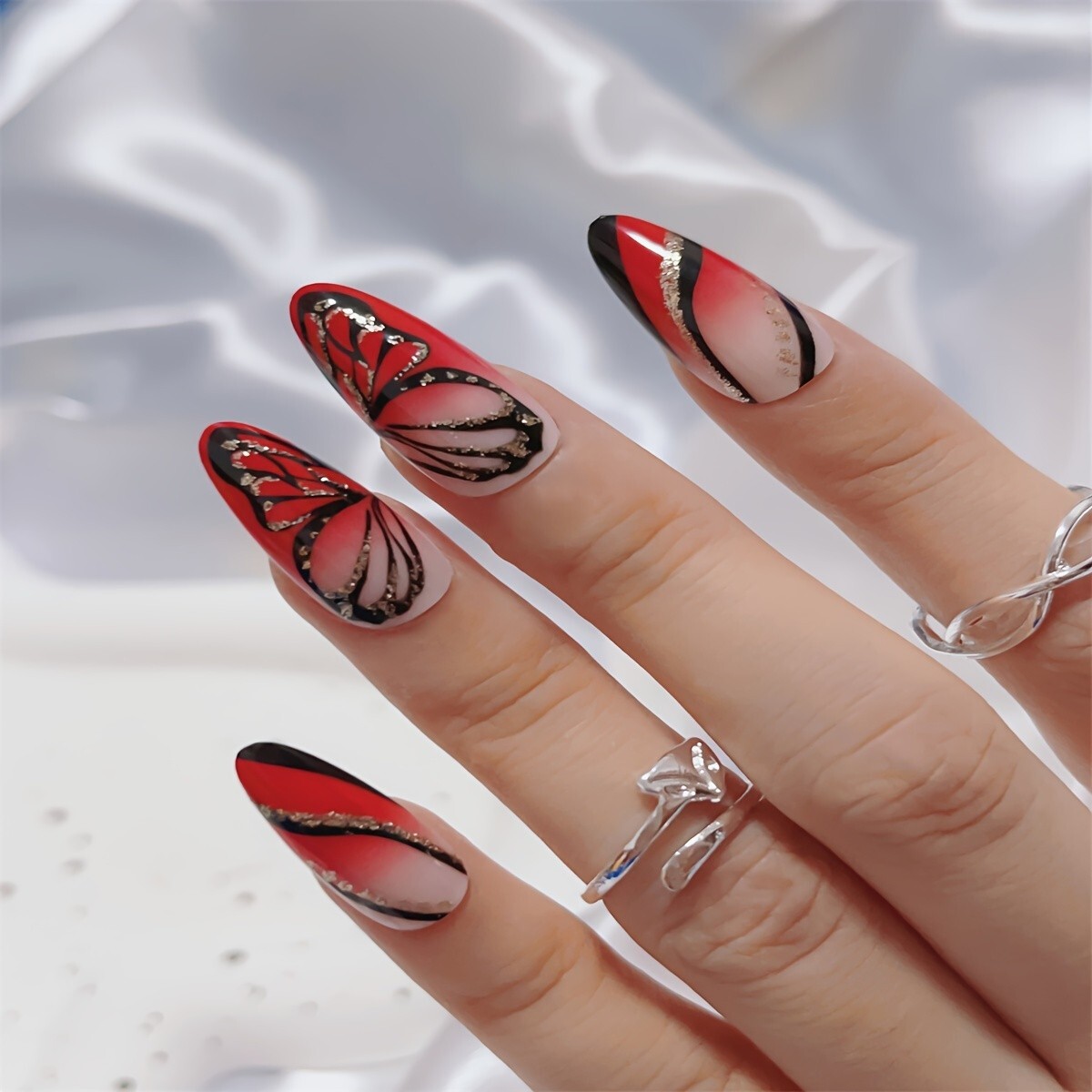 24pcs/set Short Almond Press On Nails French Fake Nails Glossy Acrylic Nails Red