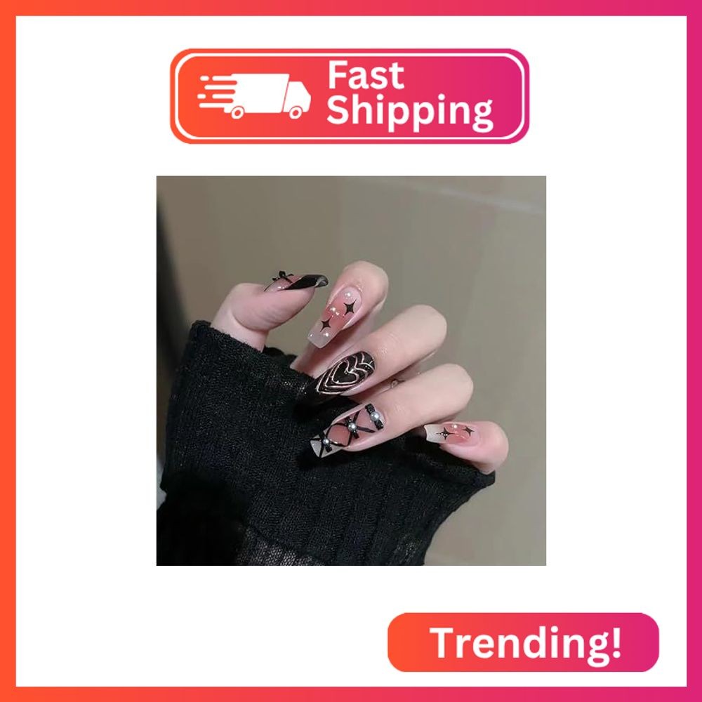 Vezocim Black Press on Nails Square Medium 24Pcs Glossy Full Cover Coffin French