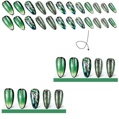 Green Press on Nails Almond Short Medium Fake Nails with Glitter Gold Line
