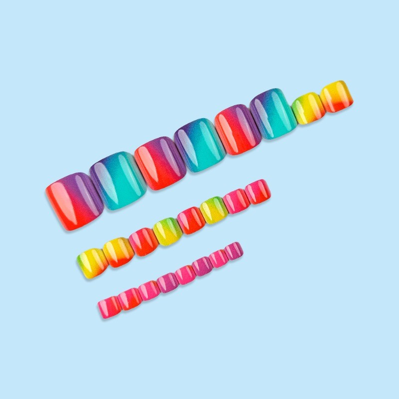 48P Short Square Toe Press on Nails, Colorful Rainbow Ombre Glossy Fake Toenails