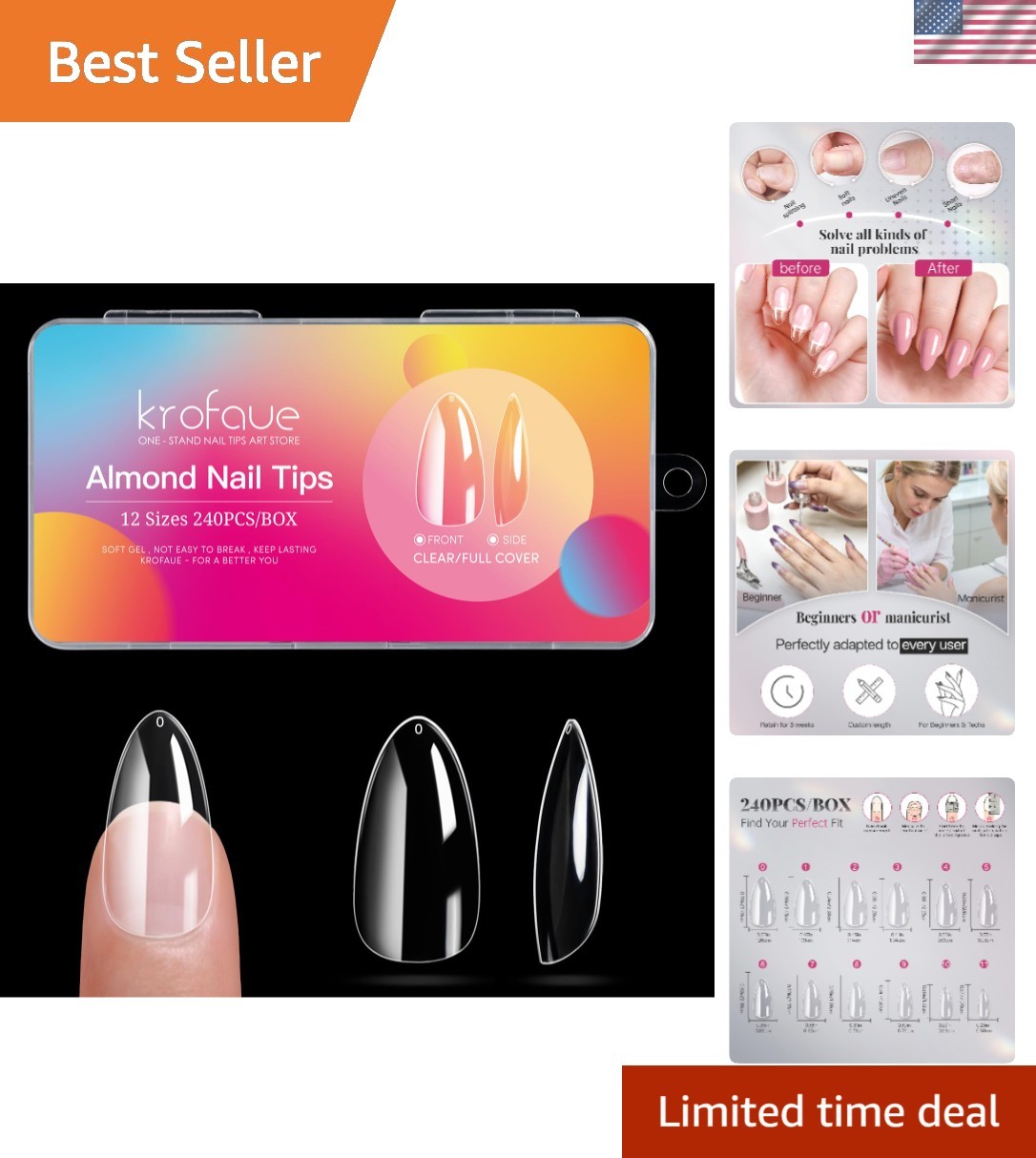 240 Count Clear Almond Nail Tips – Full Coverage Soft Gel for Perfect Manicure
