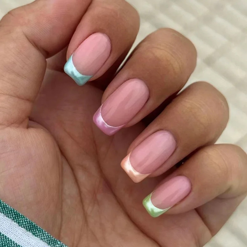24pcs Square Short Fake Nails Blue Green Butterfly French Press on Nails Full