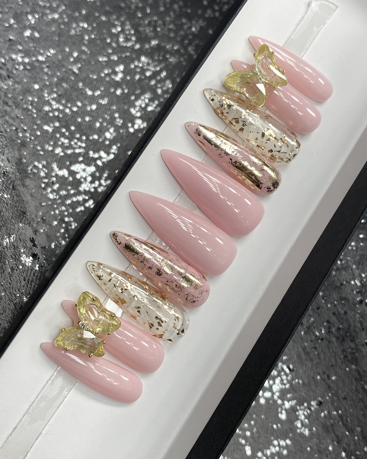 🔥 CUSTOM Gel Press On Nails, PINK W BLING , Stiletto Long, 10p Set W/ KIT NEW