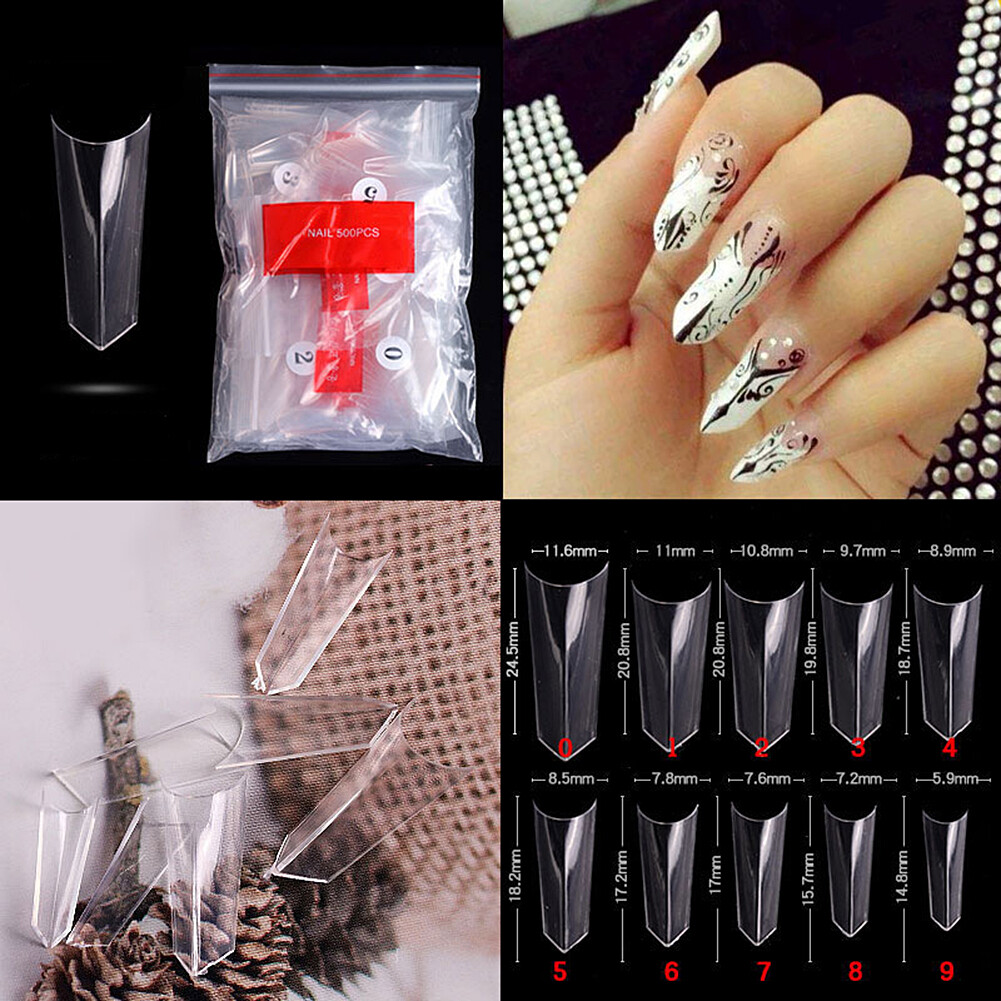 US 500Pcs Edge-Shaped Stiletto French False Fake Acrylic Nail Tips Nails