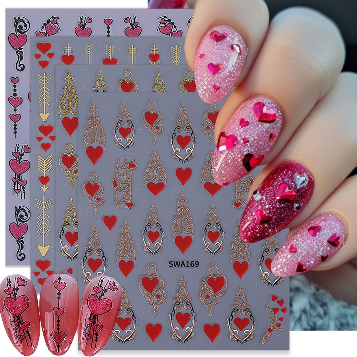 4 Sheets Valentines Nail Stickers 3D Self-Adhesive Pink Red Heart Nail Art St…