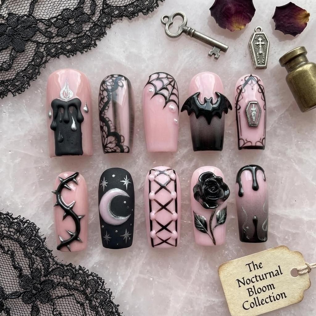 Custom Handmade Halloween Gothic Pink Black Bat Rose Moon Square Press on Nails