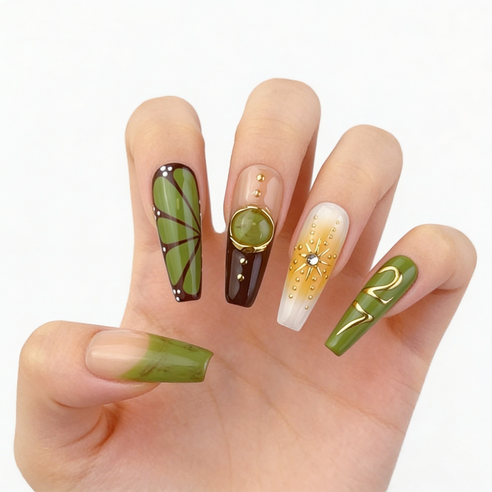 Long Coffin Tropical Jungle Press-On Nails with Gold & Amber Accents handmade