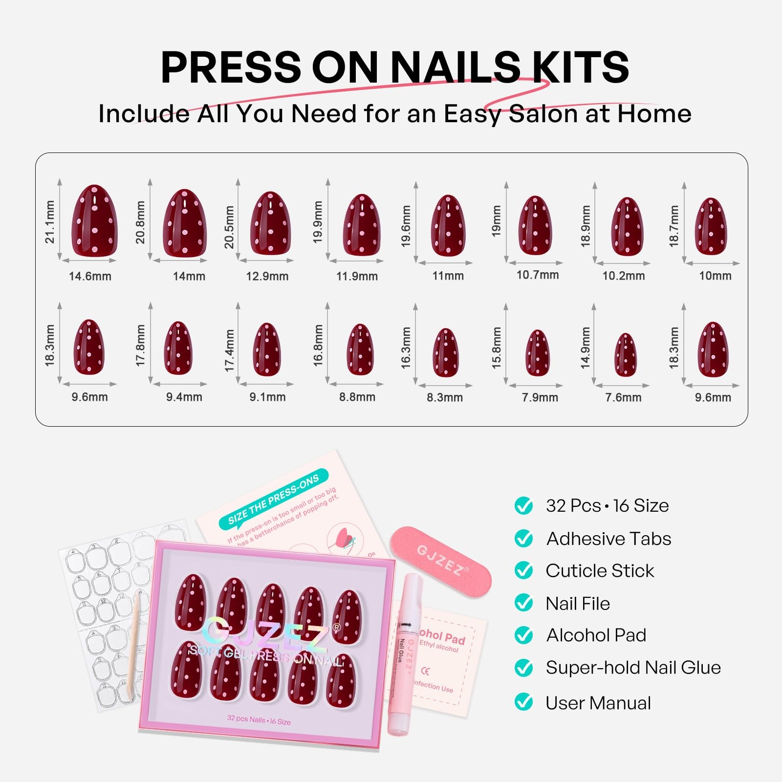 GJZEZ 32Pcs Red Polka Dot Short Almond Press On Nails