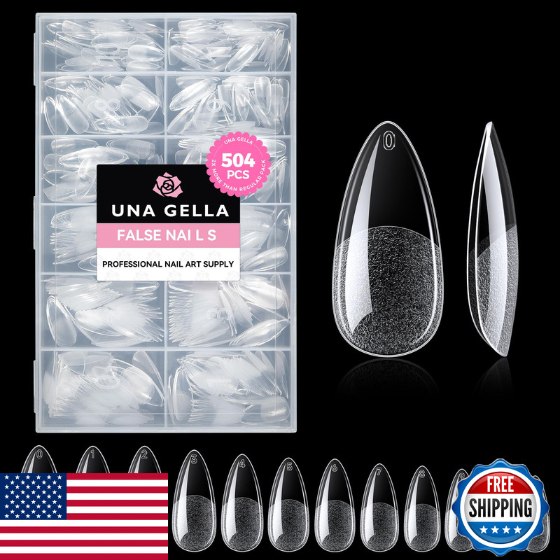 Una Gella Almond Gel Nail Tips 504Pcs Pre Etched Clear Fake Nails Tips Medium