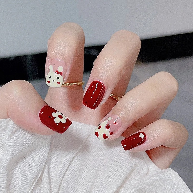 48Pcs Short Square Press on Nails,Wine Red Hand-Painted Bunny Flower False Nails