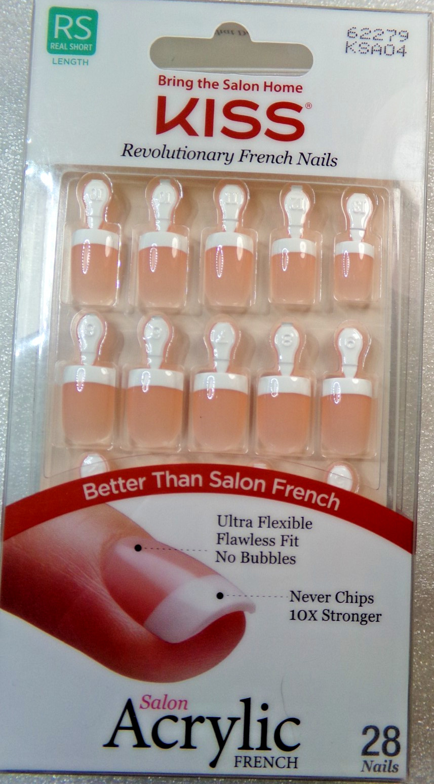 KISS Salon Acrylic NAILS Shiny Peach Bed, French GLUE ON Real Short, Square