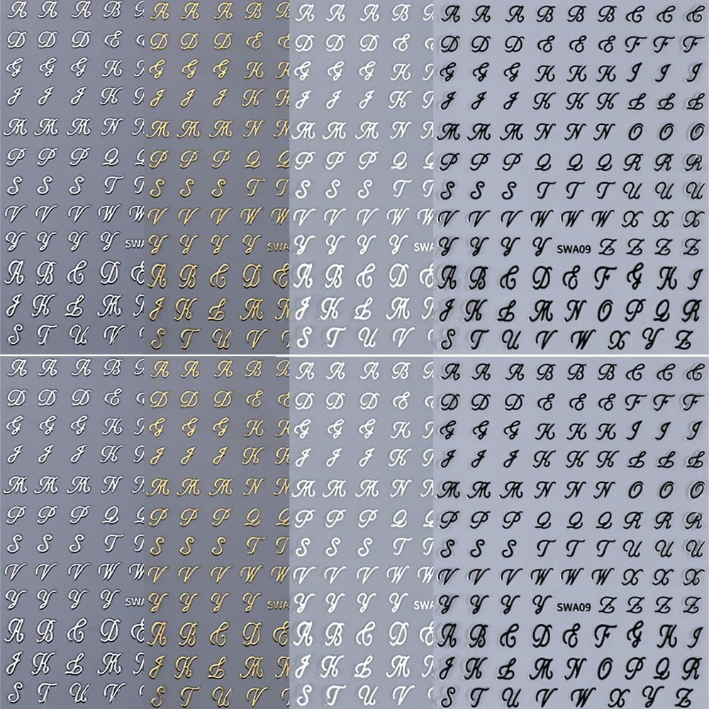 Letter Nail Stickers, 8 Sheets Old English Gold, Silver, Black and White