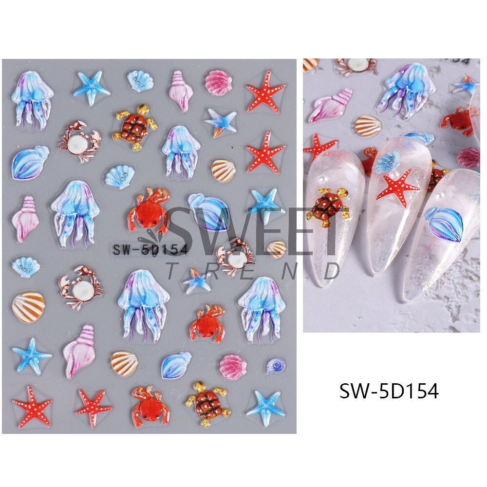 Summer Ocean Dolphin Shell Star Footprint Stickers 5D Embossed Nail Art Decals