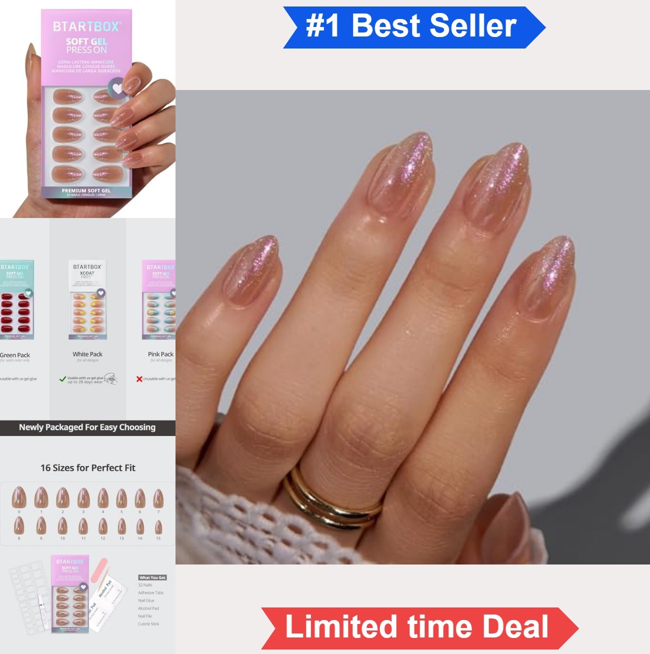 Press On Toenails Short Almond Chrome Nude 32 Count 16 Sizes Soft Gel with Kit