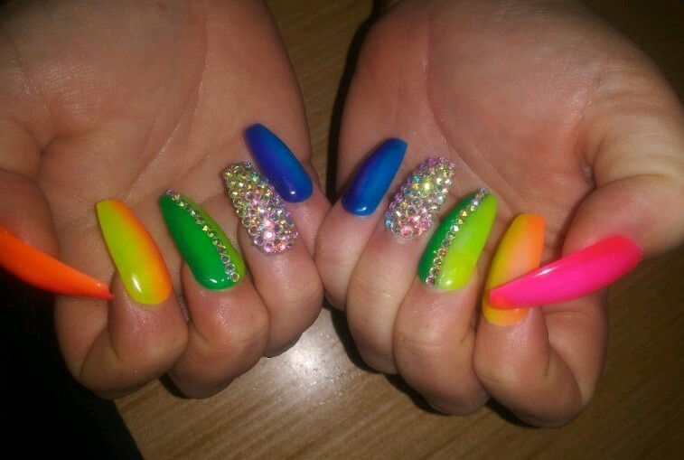 Rainbow ombre bling nails coffin PRESS ON NAILS neon crystal pride nails