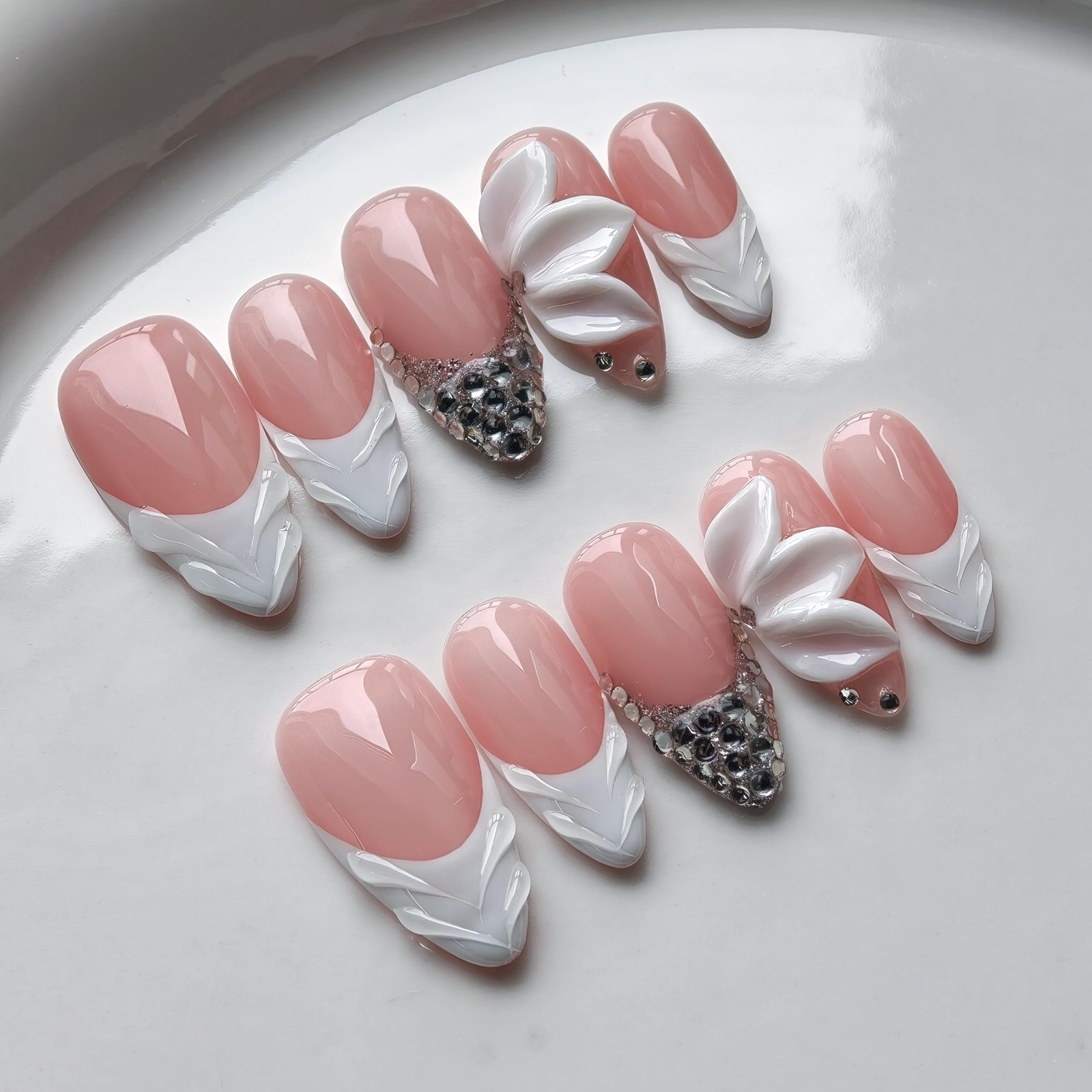 French Tip Press on Nails Handmade Medium Almond 3D Thick Acrylic Nails White…