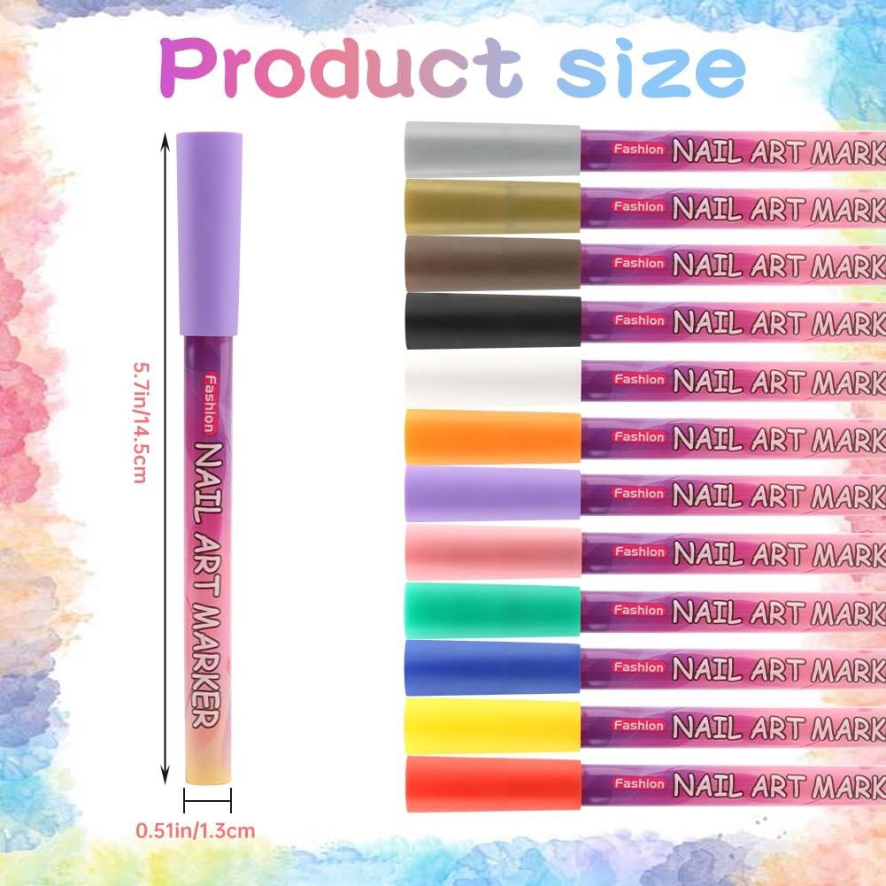 12 Colors Nail Art Pens Set Fine Tip Nail Polish Pen Markers 0.5mm Quick Dry …