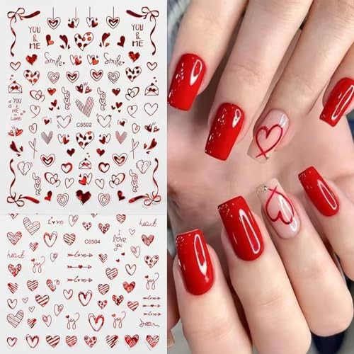 4Pcs Red Valentine’s Day Nail Art Stickers – Love Heart Nail Decals, 3D Self