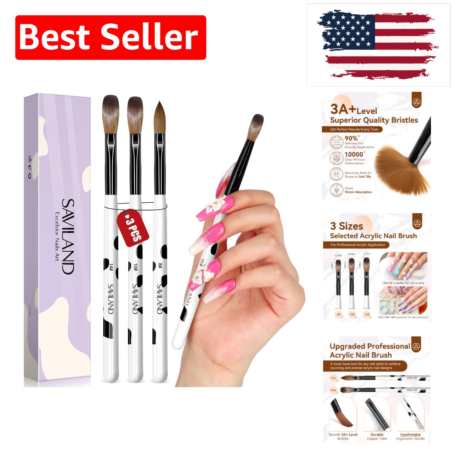 3pcs Acrylic Nail Brush Set, Size 8/10/14 Kolinsky Acrylic Nail Brushes for A…