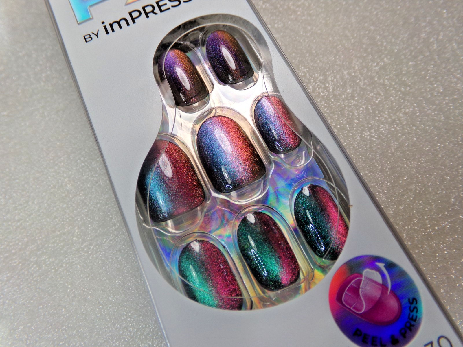 Impress Color FX NAILS Shiny Green/Pink Cats Eye Glue on Short Magnetic Effect