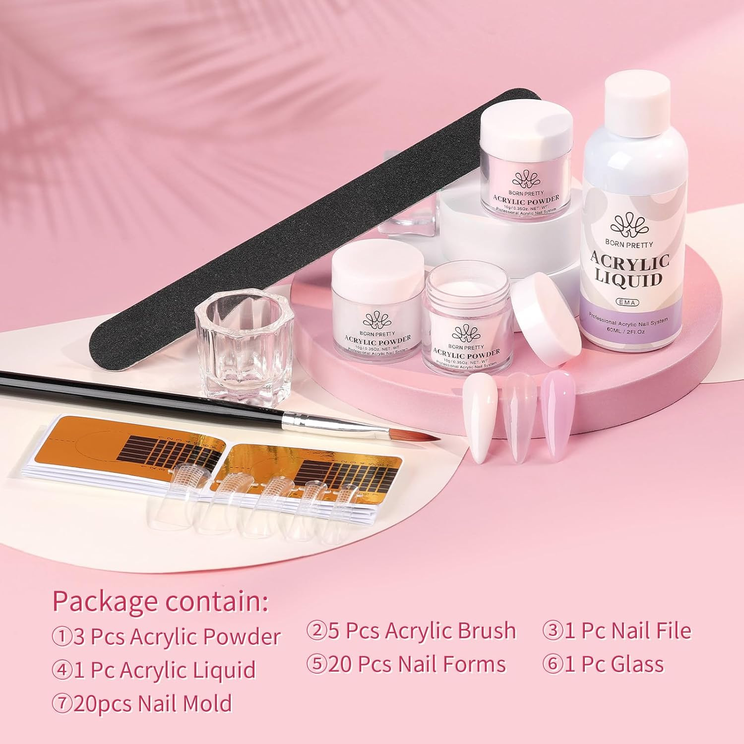Acrylic Nail Kit – Powder & Liquid Set, Pink, White, Clear Acrylic Powder with N