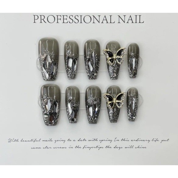 Small Coffin Nails 3D Butterfly Rhinestone Gem Gunmetal Press On 10 Piece