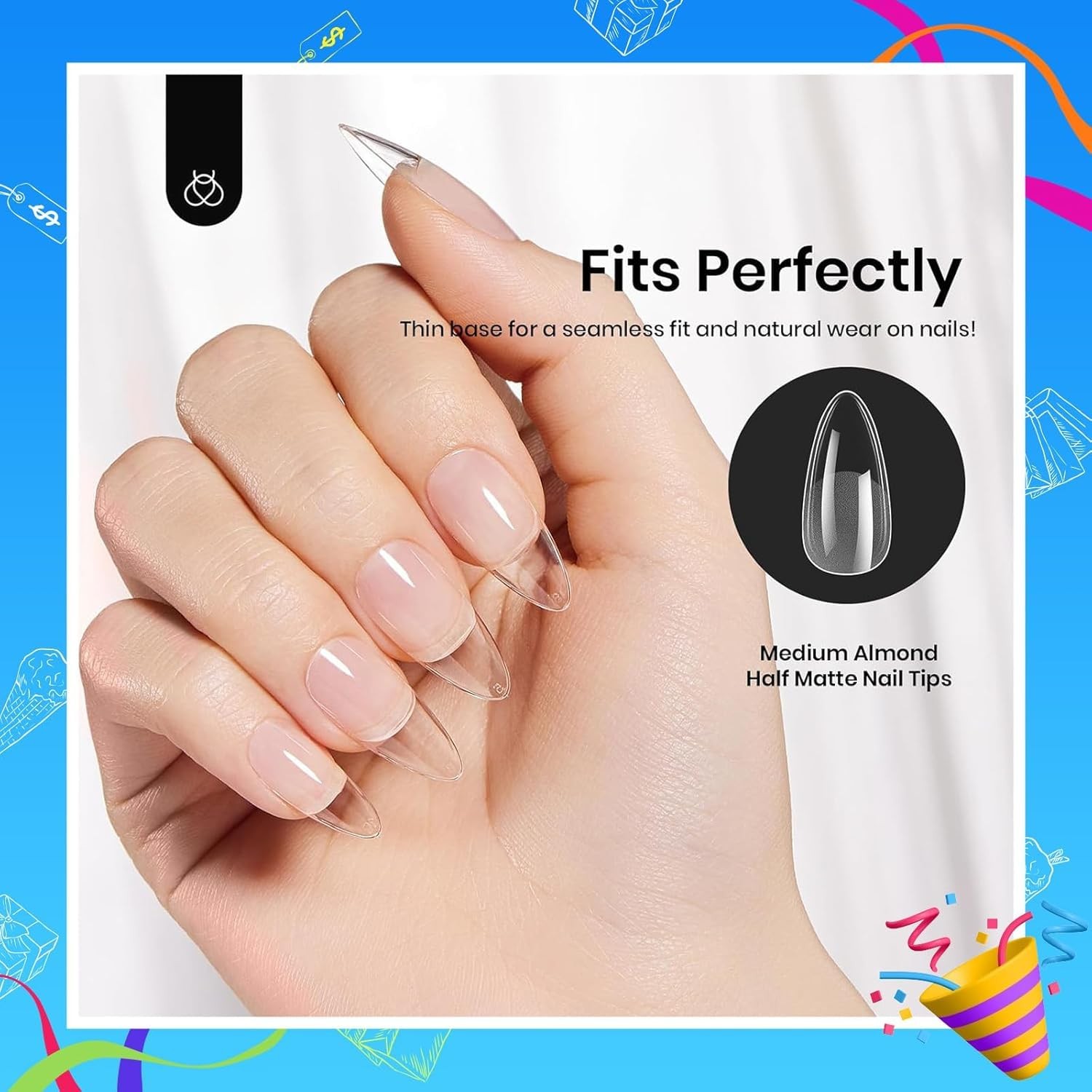 Beetles Medium Almond Nail Tips 576pcs Clear Soft Gel Pre-Etched Full Cover Set