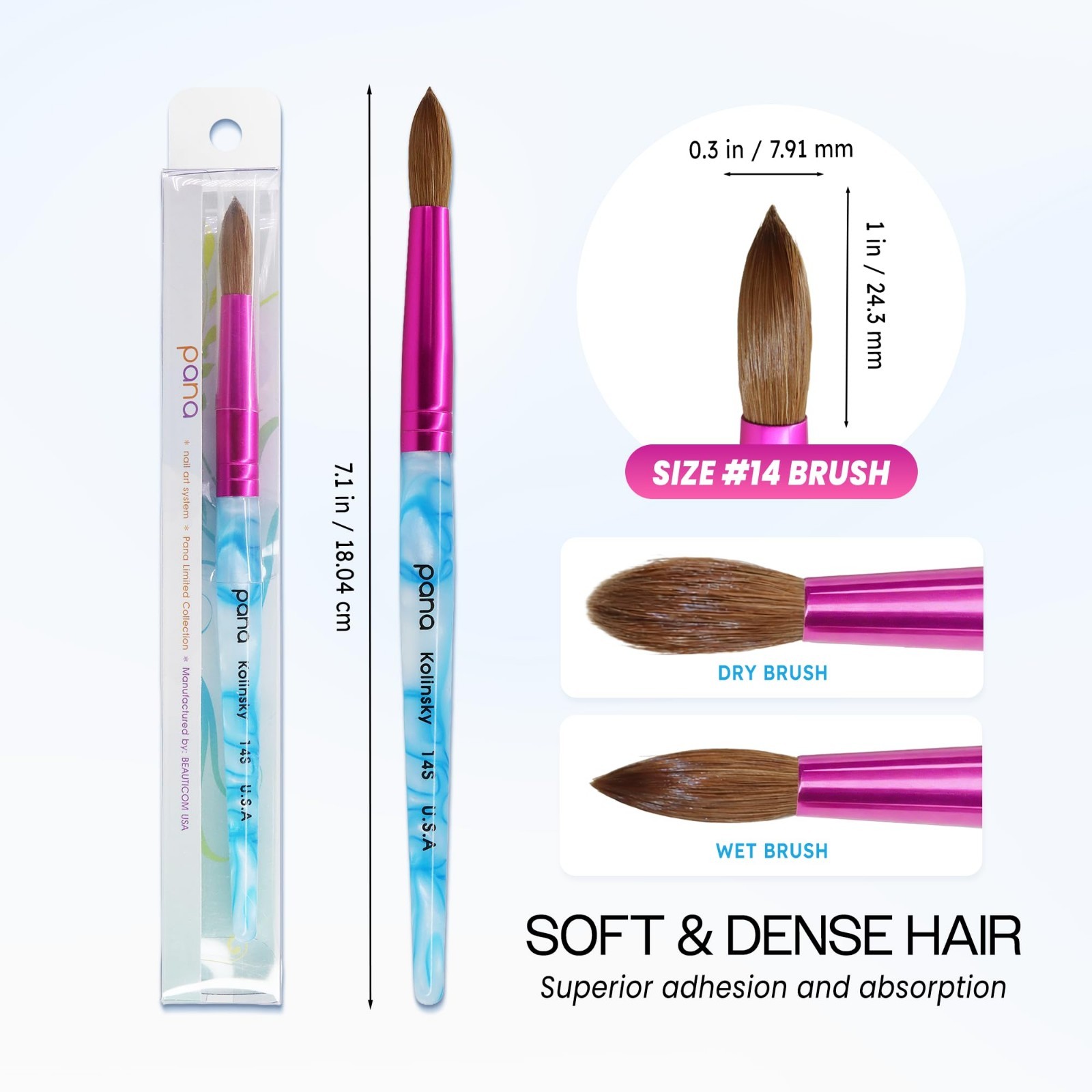 Size 14 Kolinsky Acrylic Nail Brush – Round Pink Ferrule, Blue Swirl Handle