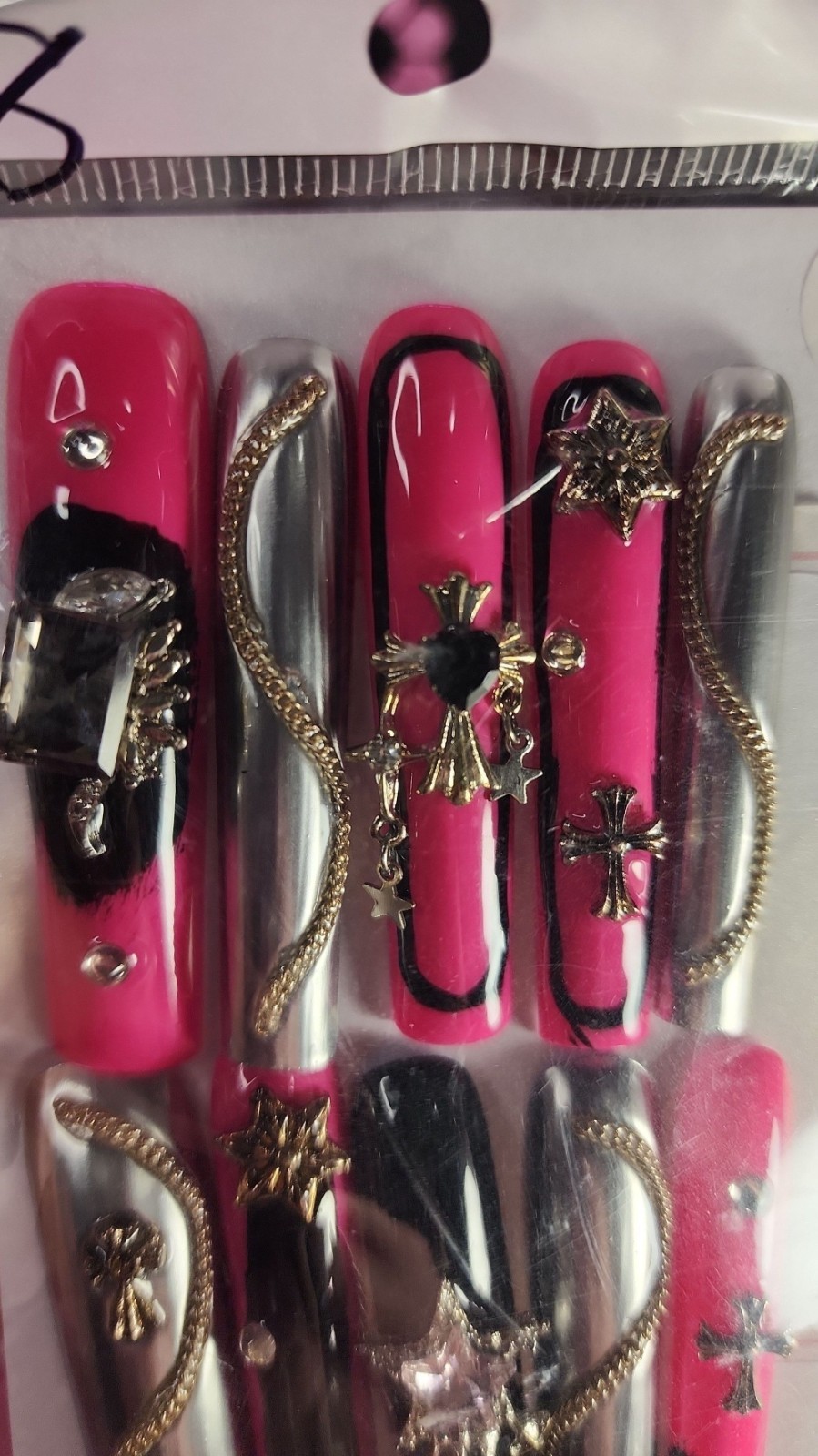 Medium Size Super Long Pink Star Cross Press-on Nail Set