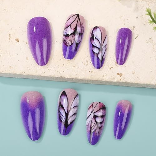 Dark Purple Gradient Press on Nails Medium Almond Shaped Pattern Purple Feather