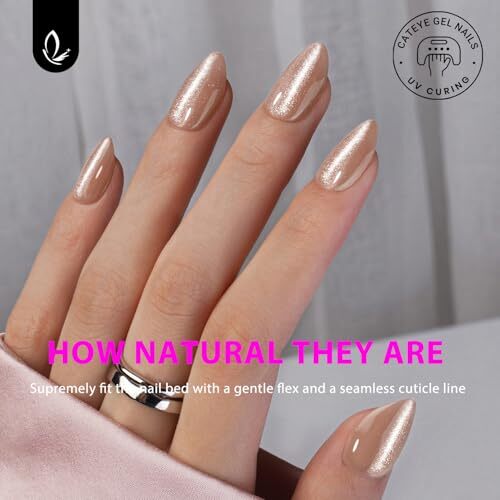 Nude Pink Cat Eye Press on Nails Short Almond Shaped, Sparkling Glazed Donut