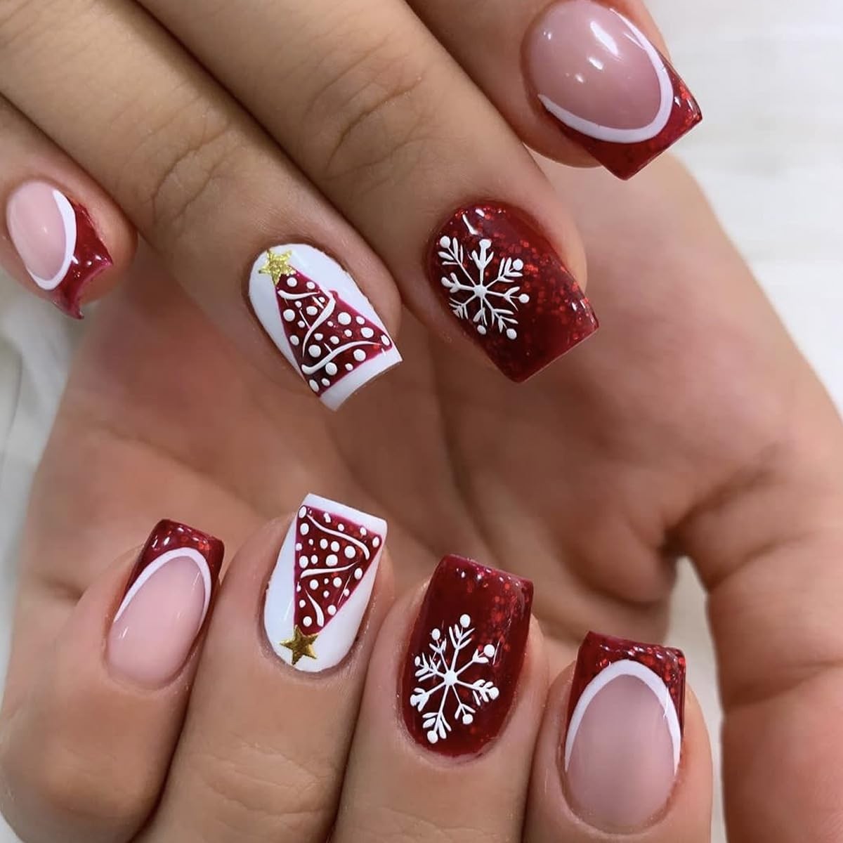 Christmas Press on Nails Red French Tip Fake Nails White Snowflake False Nail…