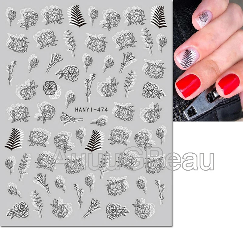3D Nail Art Decals Geometric Lines Coconut Tree Palms Leaves Flowers Adhesive Sl