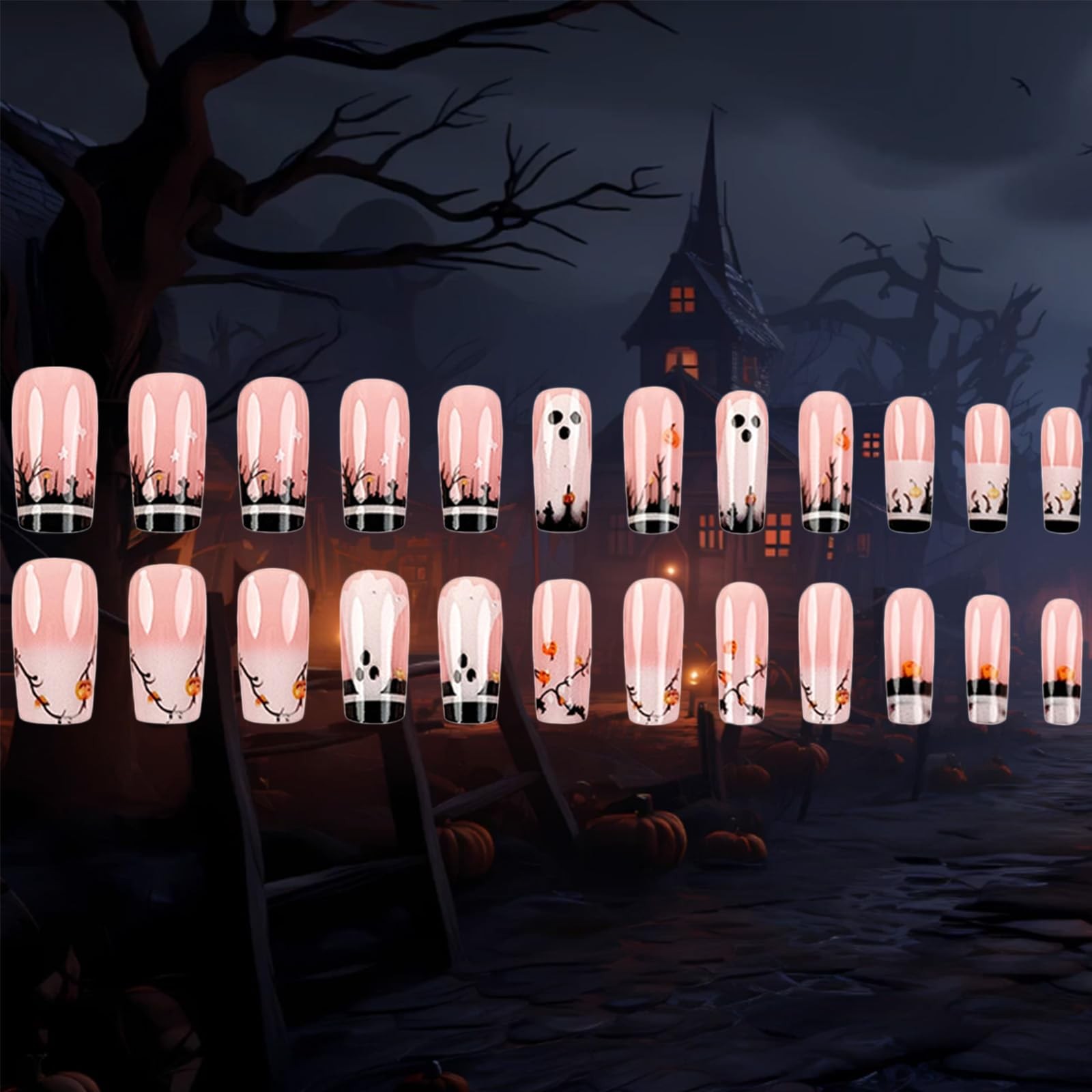Halloween Press on Nails Pumpkins Stick on Fingernails 24Pcs Ghost Medium Squ…