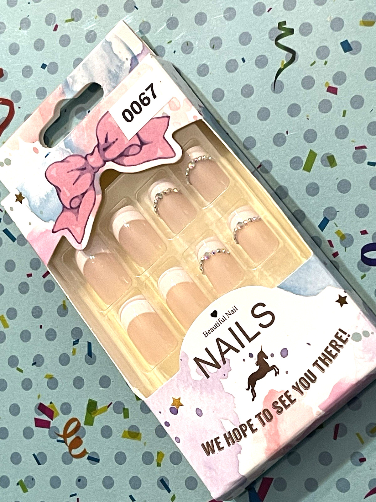 Beautiful Nails NUDE with WHITE FRENCH TIP & RHINESTONES Press On Manicure NIB