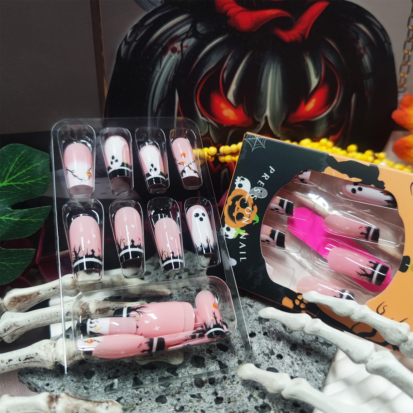 Halloween Press on Nails Pumpkins Stick on Fingernails 24Pcs Ghost Medium Squ…